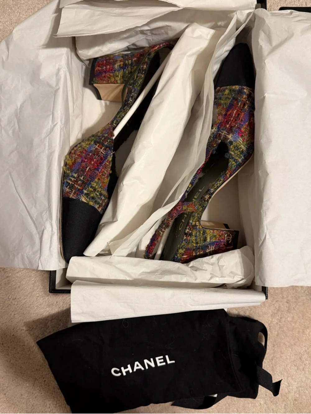 Chanel 22K Multicolor Tweed & Black Cap-Toe Slingbacks - Picture 1 of 8